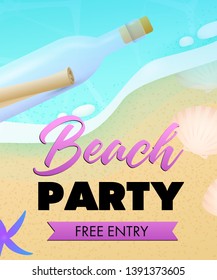 Beach party lettering, sea beach and bottle with scroll. Tourism, summer, holiday design. Handwritten and typed text, calligraphy. For leaflets, brochures, invitations, posters or banners.