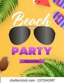 Beach Party lettering, sunglasses, flip flops, tropical leaves. Tourism, summer or invitation design. Handwritten and typed text, calligraphy. For leaflets, invitations, posters or banners.