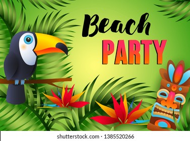 Beach Party lettering with tiki mask, exotic bird and flowers. Tourism, summer, holiday design. Handwritten and typed text, calligraphy. For leaflets, brochures, invitations, posters or banners.