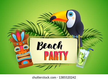 Beach Party lettering, toucan, cocktail and tribal mask. Tourism, summer, holiday design. Handwritten and typed text, calligraphy. For leaflets, brochures, invitations, posters or banners.