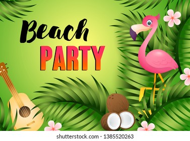 Beach Party lettering with ukulele, flamingo and coconut. Tourism, summer, holiday advertising design. Handwritten and typed text, calligraphy. For leaflets, brochures, invitations, posters or banners