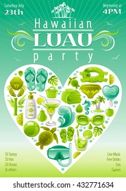 Beach party Luau invitation in green, lime and mint colors with travel icon set in heart
