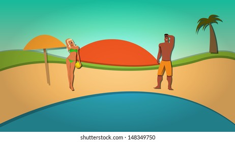 Beach party, man and woman stand on a sand.