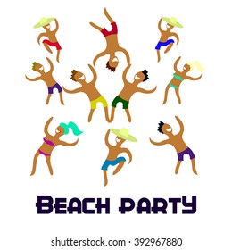 Beach party. Men and women laughing in bathing suits dance jump. Party on the beach.