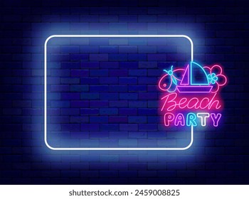 Beach party neon advertising. Shiny holiday promotion. Empty white frame and typography with boat, flower and butterfly. Season celebration. Copy space. Editable stroke. Vector stock illustration