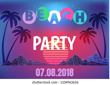 Beach party neon banner in 80s style. Tall tropical palms, rocky mountains and huge sun at sunset surrounded with starry sky vector illustration.