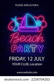 Beach party neon flyer. Vertical poster template. Boat, butterfly and flower. Season summer event advertising. Dance event greeting card. Shiny promotion. Glowing banner. Vector stock illustration