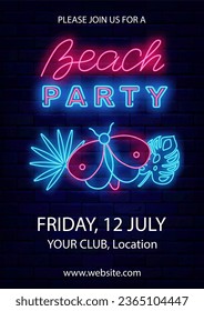 Volante de neón de fiesta en la playa. Plantilla de publicidad vertical. Mariposa y hojas tropicales. Cartel de la celebración de la temporada. Tarjeta de saludo de evento de baile. Una promoción brillante. Ilustración de material vectorial