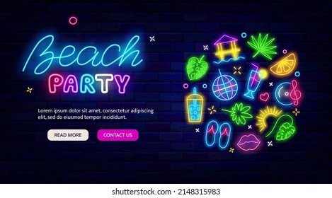 Beach party neon greeting card. Circle layout with summer icons. Season event concept. Night bright promotion. Glowing effect banner. Editable stroke. Vector stock illustration