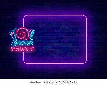 Beach party neon invitation. Shiny holiday promotion. Empty purple frame and typography with shell, slates. Season summer celebration. Copy space. Editable stroke. Vector stock illustration