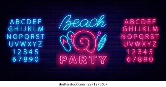 Beach party neon label on brick wall. Pink and blue alphabet. Boat, sea shell and slates. Season summer event advertising. Dance event greeting card. Shiny promotion. Vector stock illustration