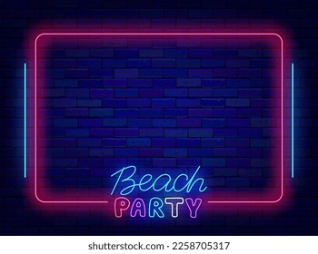 Beach party neon poster. Summer sea coast evening. Season event. Night club shiny advertising. Pink frame with lines on brick wall. Minimal banner. Copy space. Bright flyer. Vector stock illustration