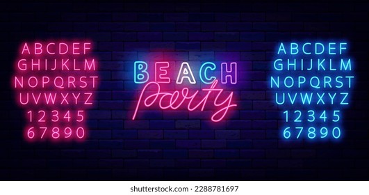 Cartel de neón de fiesta en la playa con letras. Invitación al club nocturno. Decoración de eventos costeros. Alfabeto rosa y azul brillante. Diseño de la celebración en la pared de ladrillo. Trazo editable. Ilustración de material vectorial