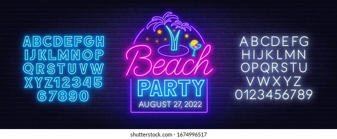 Beach Party Neon Sign On Brick Wall Background.