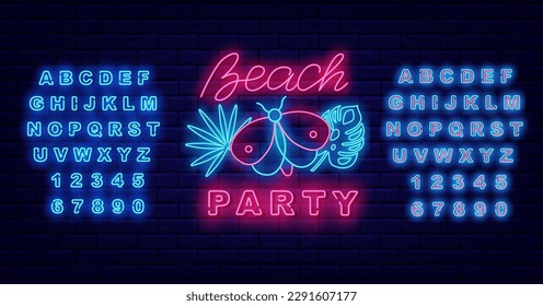 Beach party neon signboard. Light advertising template. Butterfly and tropical leaves. Season celebration banner. Dance event greeting card. Shiny blue font. Vector stock illustration