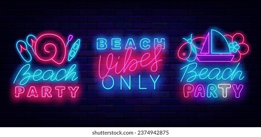 Beach party neon signs collection. Beach vibes only. Light advertising template. Ship, shell and butterfly. Season celebration banner. Event greeting card. Editable stroke. Vector stock illustration