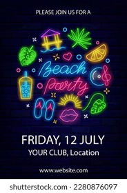 Beach party neon vertical invitation. Circle layout with season icons. Summer event design. Holiday greeting card. Bungalow, tropical leaves. Glowing poster with lettering. Vector stock illustration