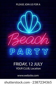 Beach party neon vertical poster. Shell symbol. Summer sea event. Event advertising. Holiday greeting card. Editing text. Glowing banner. Vector stock illustration