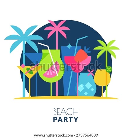 Beach party, nightlife vector flat geometric illustration. Label banner, flyer, poster design element. Night blue background with multicolor cocktails glasses and palms