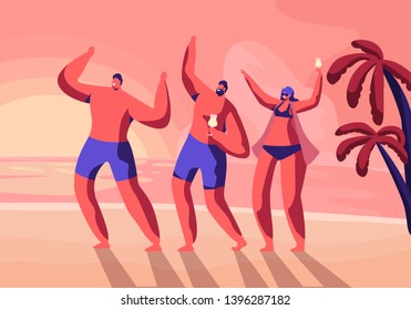 Beach Party on Exotic Tropical Resort. Young People Dancing and Drinking Cocktails on Seaside at Summer Time on Sunset Tropical Landscape with Palms and Ocean View. Cartoon Flat Vector Illustration