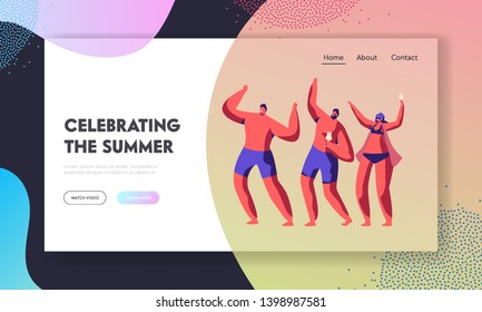 Beach Party on Exotic Tropical Resort. Young People Celebrating, Dancing and Drinking Cocktails on Seaside at Summer Time. Website Landing Page, Web Page. Cartoon Flat Vector Illustration, Banner