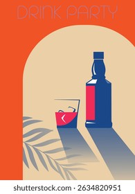 Beach party, outline drawing alcohol bottle, glass, palm leaves, shadow. Bar poster, restaurant menu, vector flat design, whiskey, brandy, rum, scotch with ice
