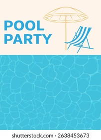 Beach party, pool party blue water with sun reflections, sea and ocean surface with beach umbrella and chaise lounge. Vector illustration suitable for summer, vacation, travel.