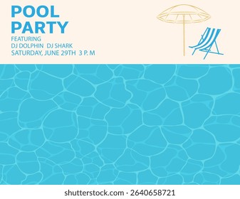 Beach party, pool party blue water with sun reflections, sea and ocean surface with beach umbrella and chaise lounge. 