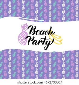 Beach Party Postcard Design. Vector Illustration of Summer Fruit Poster with Calligraphy.