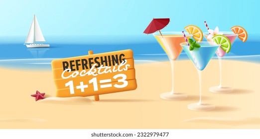 Beach party poster with 3d cocktails illustration in triangle martini glasses with umbrella and limon slices, with board promo one plus one is three