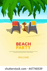 Beach party poster A4 format template. Vector illustration layout. Seaside vacation announcement flyer with place for text.