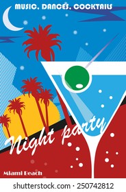 Beach Party poster background with palm leaves and cocktails, vector illustration
