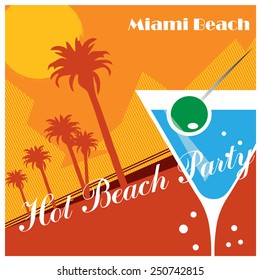 Beach Party poster background with palm leaves and cocktails, vector illustration