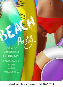 Beach party poster with bottom part of girl in swim panty, surfboards. Vector illustration