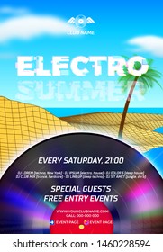 Beach party poster for clubbing dance event with 80s retro or synth wave style, digital dunes and palm trees