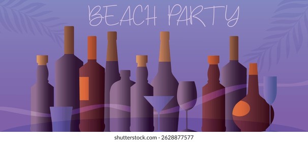 Design de pôster de festa na praia, coleção de garrafas de álcool, copos, coquetel, vinho branco, cabernet. Menu de ilustração vetorial, lista de vinhos, chardonnay, brandy, rum, bebida forte álcool