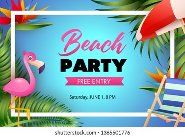 Beach party poster design. Pink flamingo, beach chair, umbrella, palm leaves and text in frame on blue background. Vector illustration can be used for banners, flyers, invitations