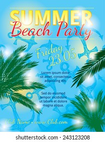 Beach party poster design template with pretty girl - vector eps 10