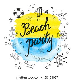 Beach party poster design. Vector illustration of doodle marine icons. 