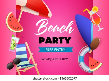 Beach party poster design. Watermelon, cocktail, surfboard and sun umbrella on pink background. Vector illustration can be used for banners, flyers, announcement