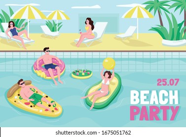 Beach party poster flat vector template. Fun and drinks at seaside. People playing ball in pool. Brochure, booklet one page concept design with cartoon characters. Summer leisure flyer, leaflet