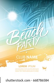 Beach Party Poster With Hand Lettering And Palm Leaves. Vector Illustration.