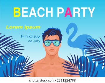 Strandpartyposter. Schöner Mann auf Sonnenbrille mit tropischem Blatthintergrund.