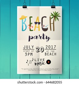 Beach party poster with palm leaf and lettering on wood texture background.