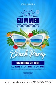 beach party poster with sunglasses and tropical leaves. hello summer background