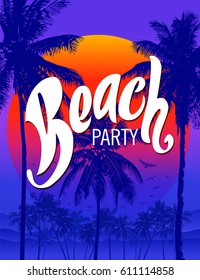 Beach party poster template with palm trees and typographic element. Summer beach vector illustration