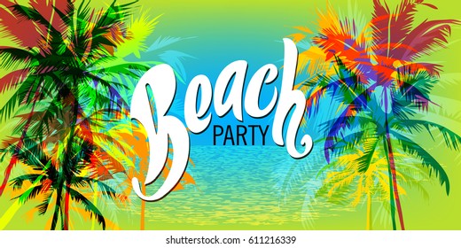 Beach party poster template with palm trees and typographic element. Summer beach vector illustration