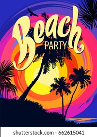 Beach party poster template with palm trees and typographic element. Summer beach vector illustration