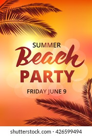 Beach party poster template with typographic elements. Summer background with palm leaves and lettering. EPS10 vector illustration. 