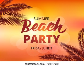 Beach party poster template with typographic elements. Summer background with palm leaves and lettering. EPS10 vector illustration. 